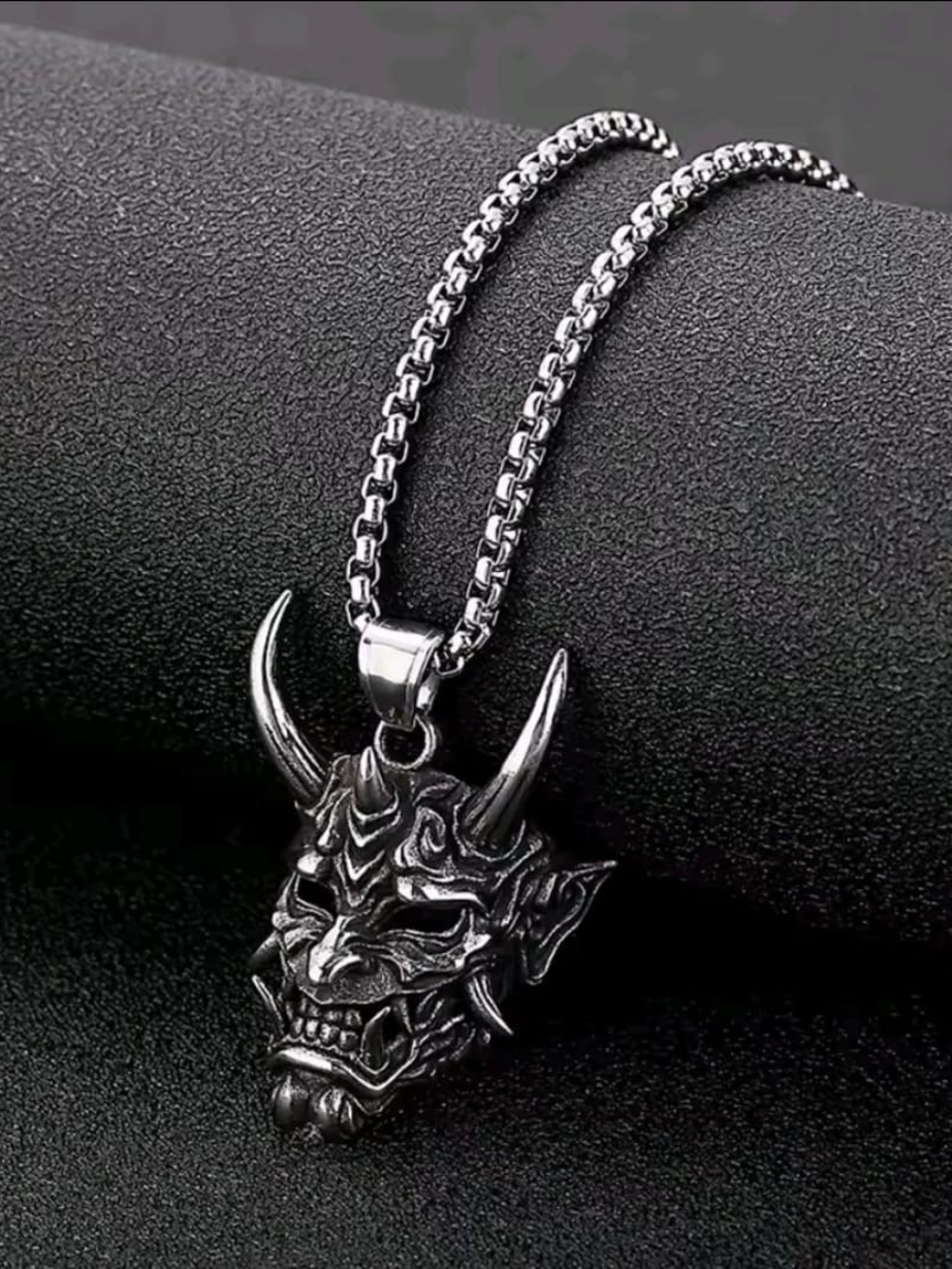Men's Stainless Steel Oni Demon Pendant Necklace - Silver